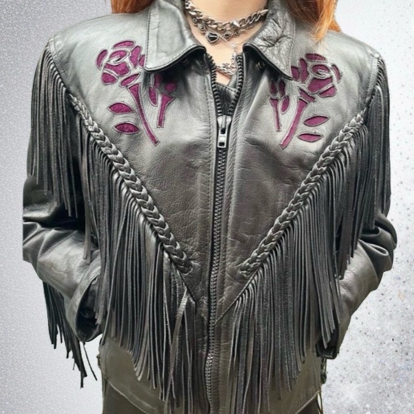 Jackets & Blazers - Vintage 90’s Geniune Leather Fringe Braided Rose Biker Jacket 💟